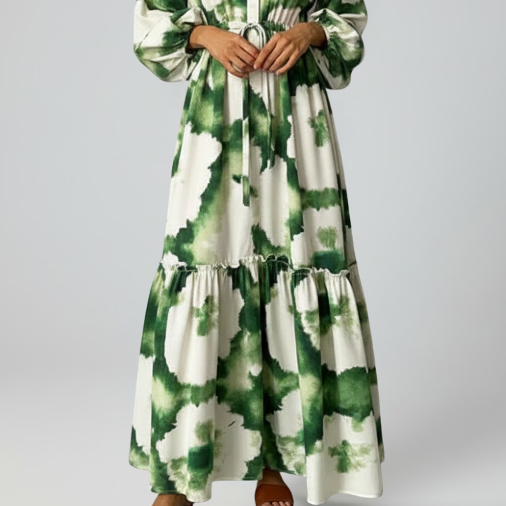Women's Elegant Printed Maxi Dress with Long Sleeves and a V-Neck