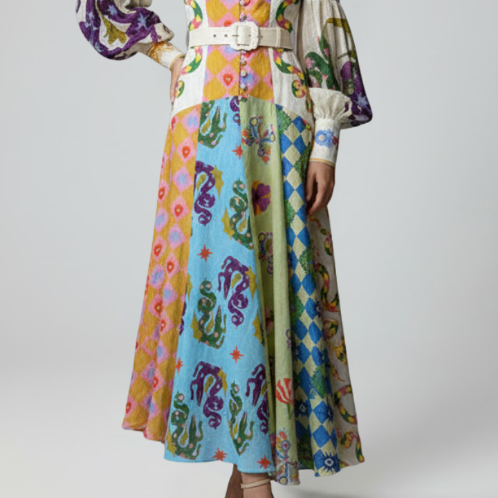 Women's Elegant Printed Maxi Dress with Long Sleeves and a V-Neck