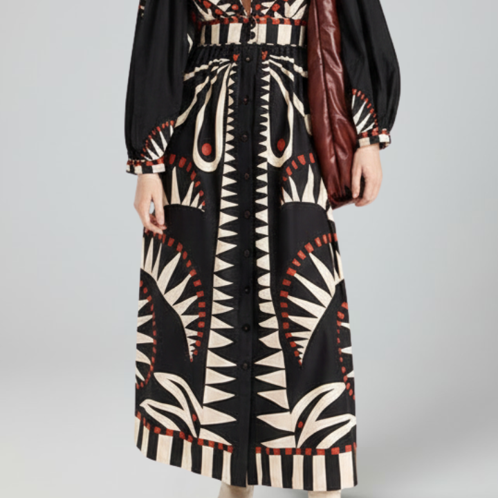 Women's Elegant Printed Maxi Dress with Long Sleeves and a V-Neck