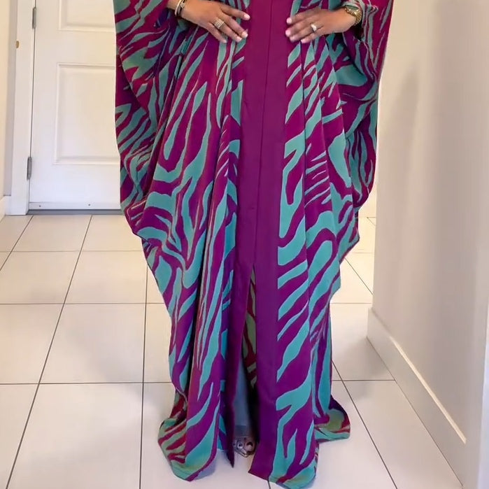 Women's Maxi Discounted Dress with Zebra Print, V-Neck, and Wide
