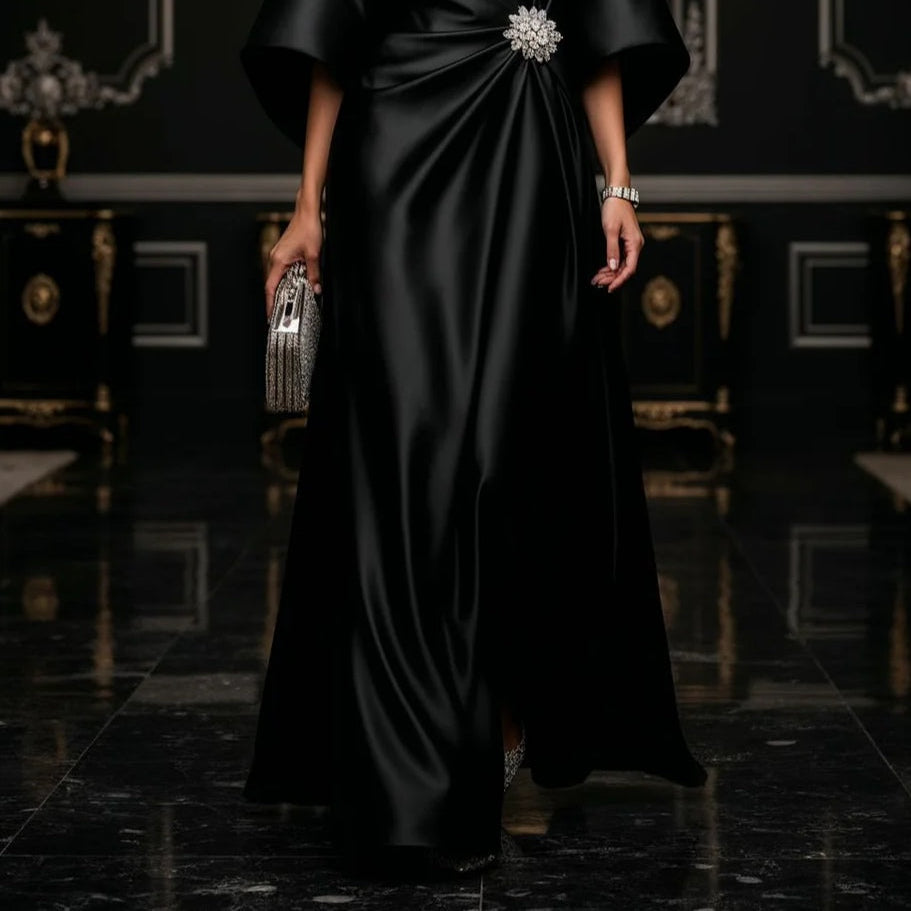 Women's Elegant Black Satin Maxi Dress for a Sophisticated Look