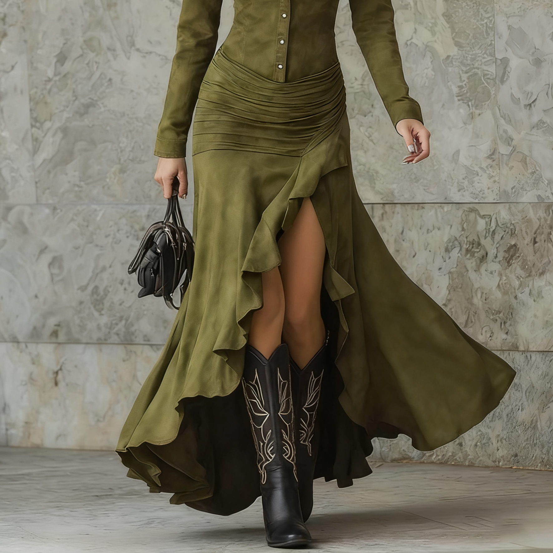 Women's Long vintage brown dress with irregular ruffles and elegant