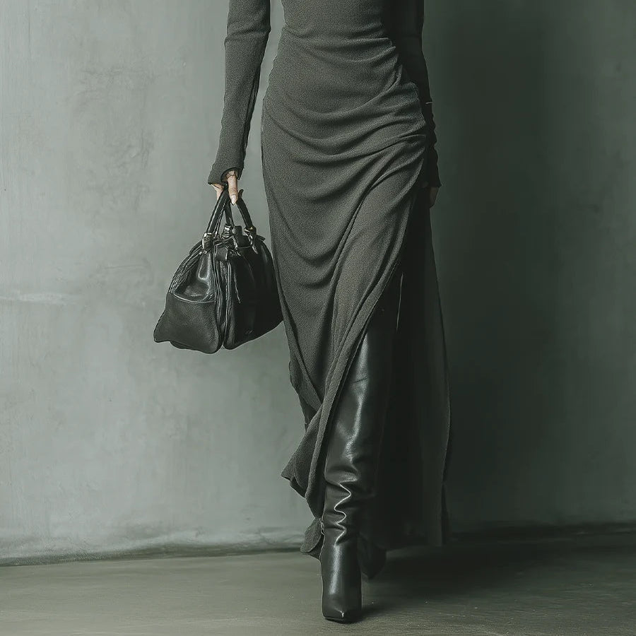Women's Dark Gray Hooded Long Maxi Knit Dress with High Elasticity