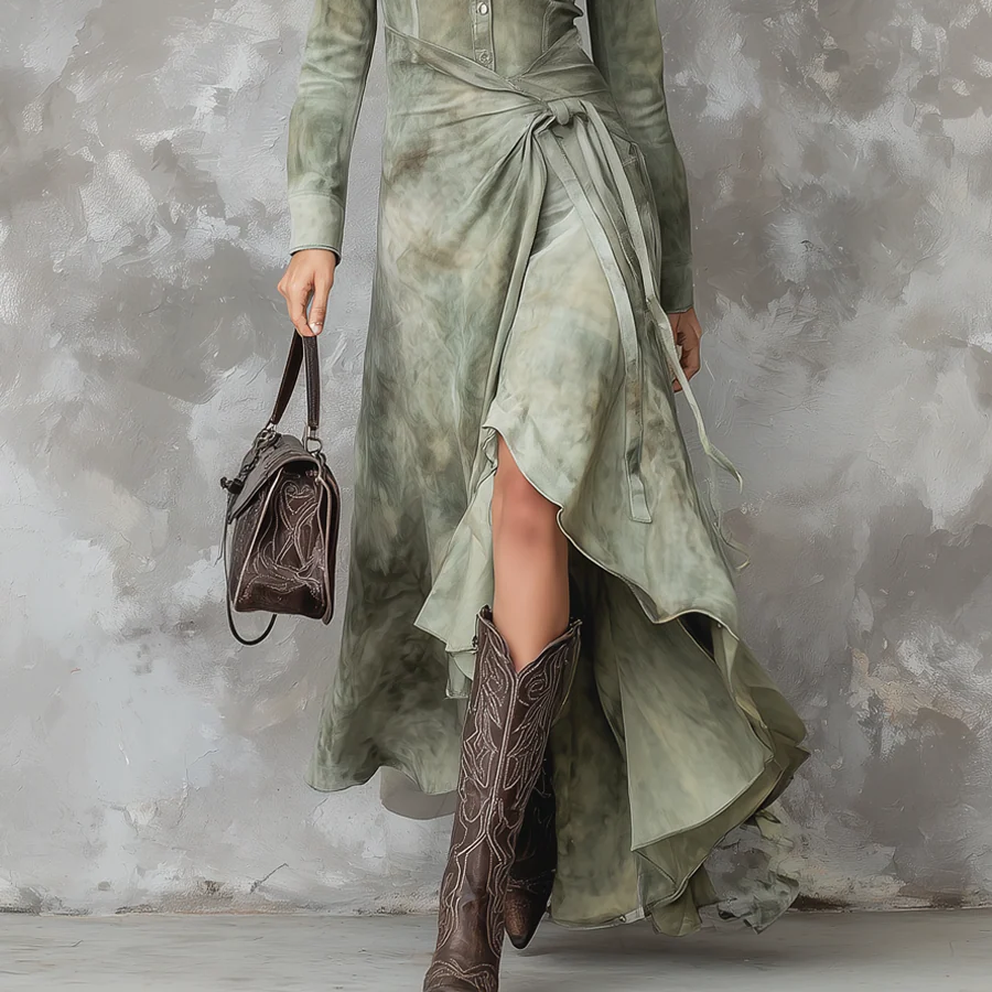 Women's Chic Vintage Sage Green Tie-Dye Pocket Slim Maxi Dress -