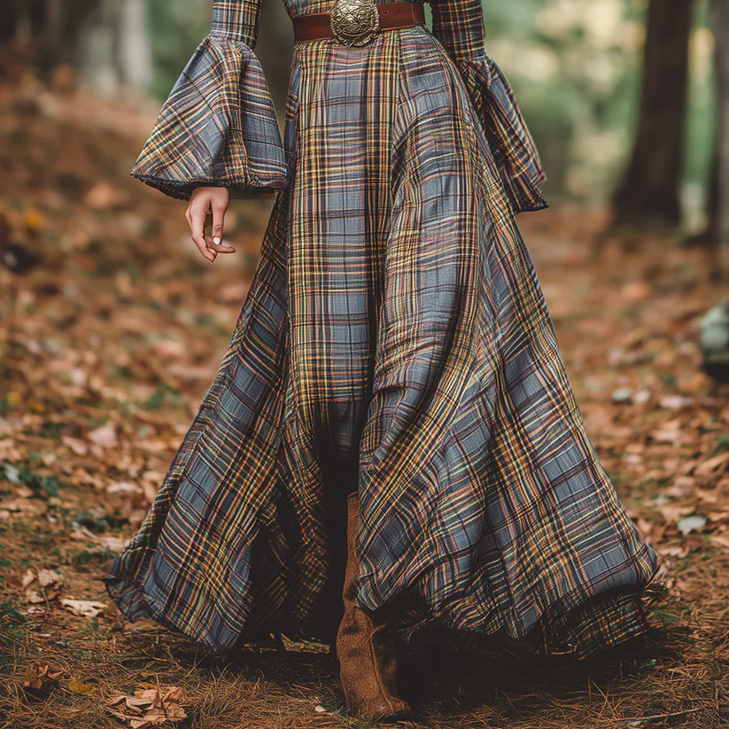 Women's Maxi Dress with Flared Sleeves and V-Neck in Plaid for