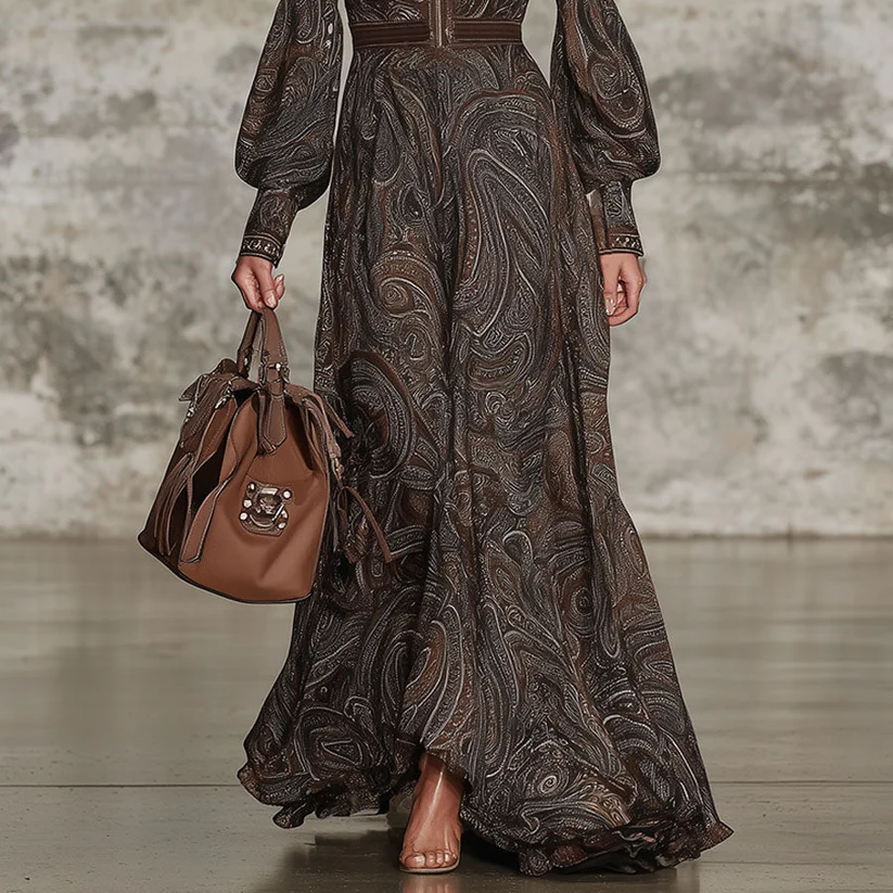 Elegant Vintage Maxi Dress with Paisley Pattern and Zipper
