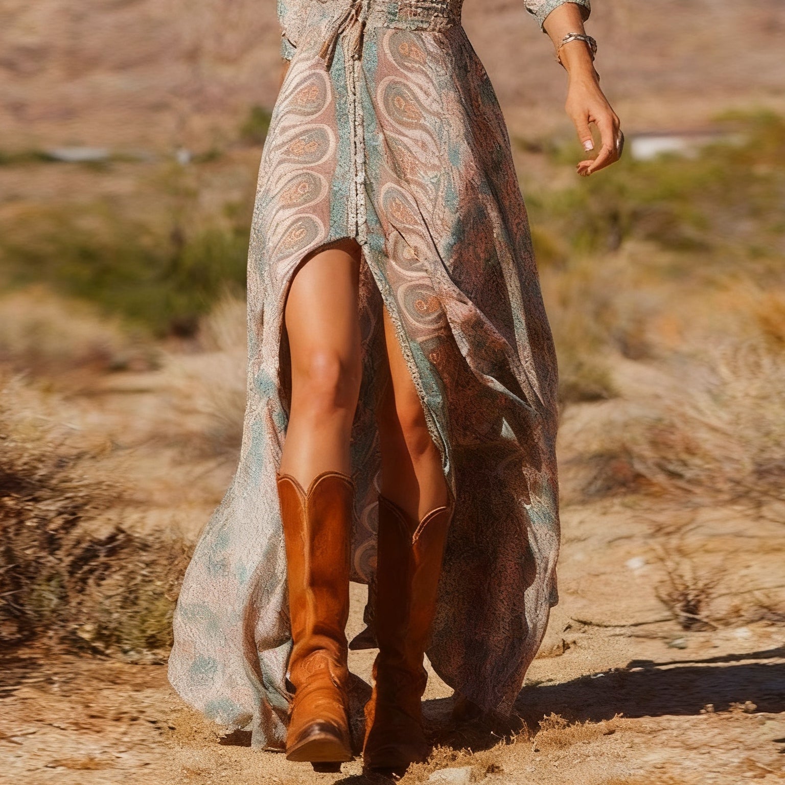 Women's Bohemian Long Maxi Dress with Western Style Print and Slit