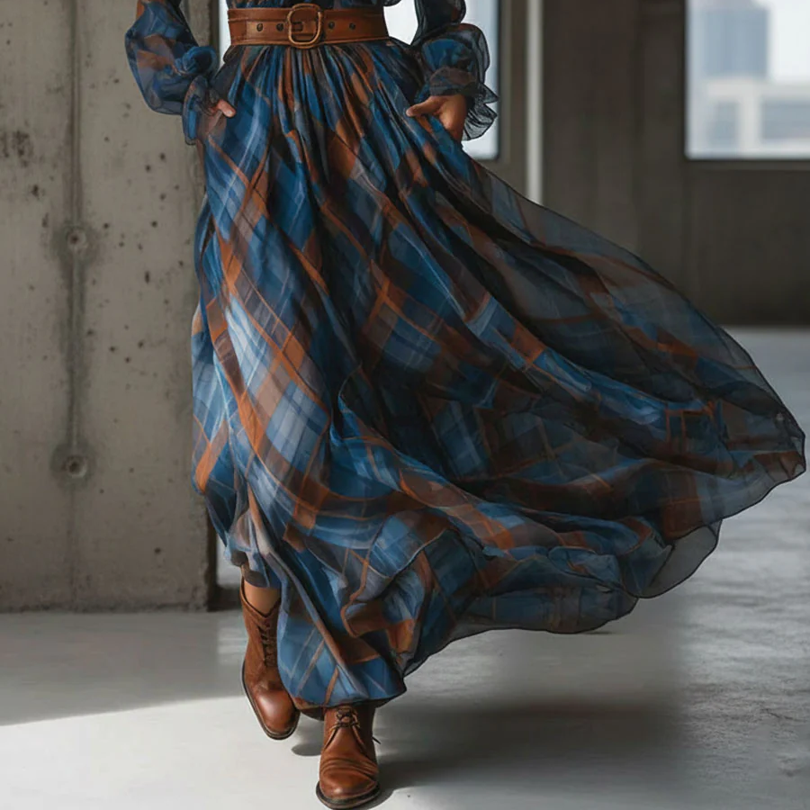 Women's Maxi chiffon plaid dress