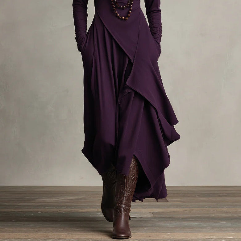 Women's Pink Maxi Asymmetric Dress with High Collar and Pleats