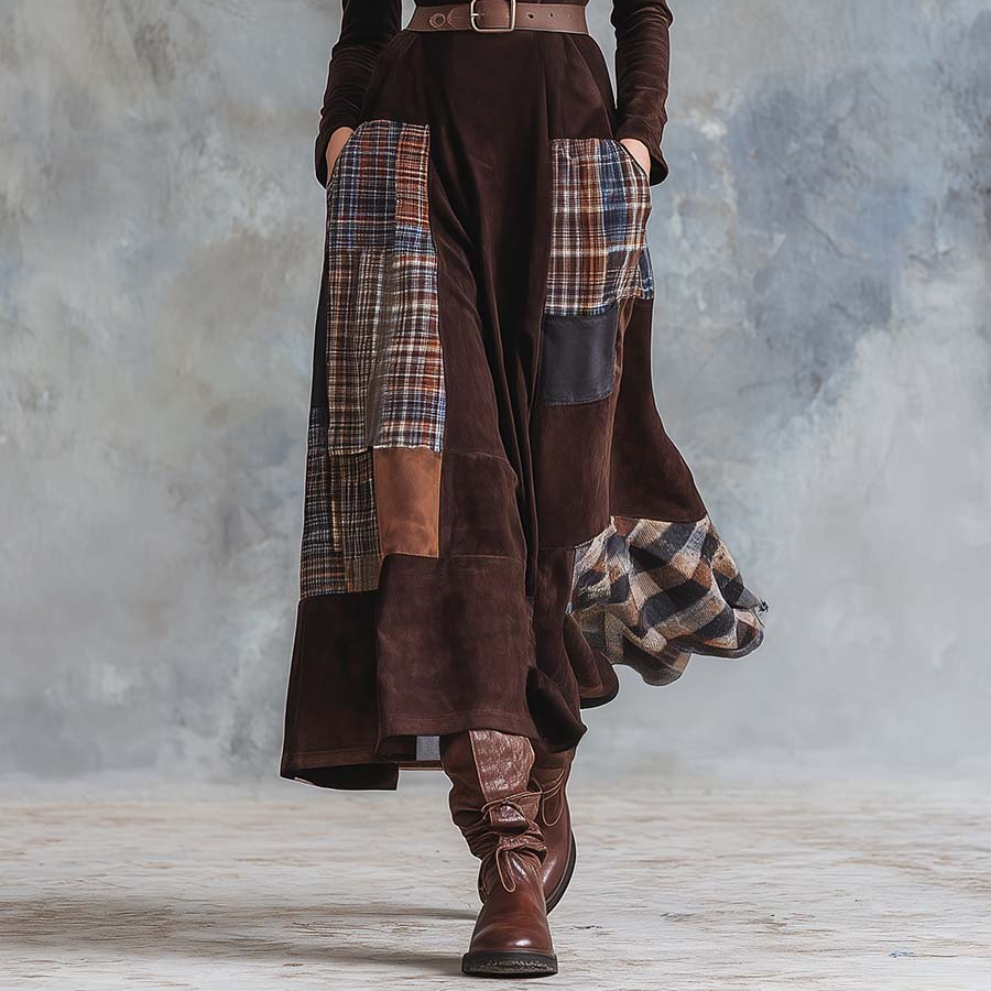 Women's Vintage Maxi Suede Dress with Brown Plaid Faux and Patchwork