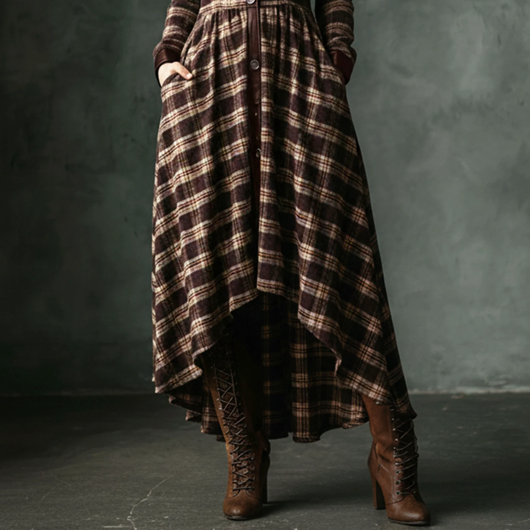 Women's Maxi dress with brown checkered pattern, retro pockets, and