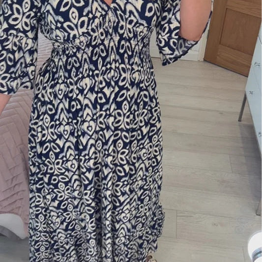 Women's Casual Bohemian Long Dress with Print, V-Neckline, and Waist