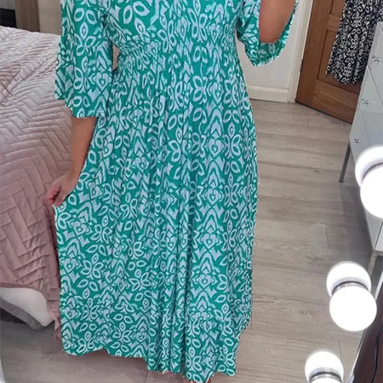 Women's Casual Bohemian Long Dress with Print, V-Neckline, and Waist