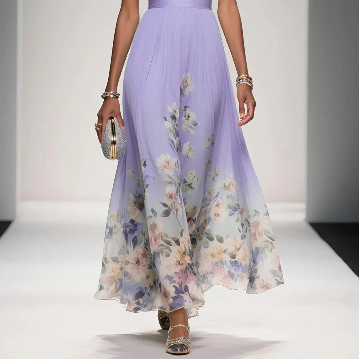 Elegant Light Blue Floral Chiffon V-Neck Sleeveless A-Line Long Dress