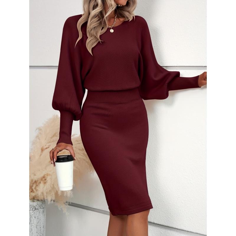 Women's Chic Waist-Defining Sweater Dress with Dramatic Lantern