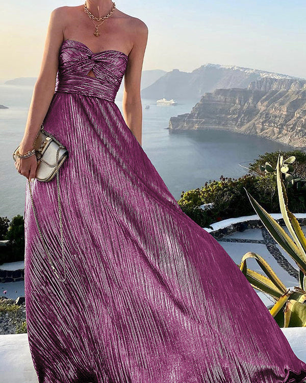 Celeste Women’s Strapless A-Line Evening Gown with Elegant Pleated Metallic Finish