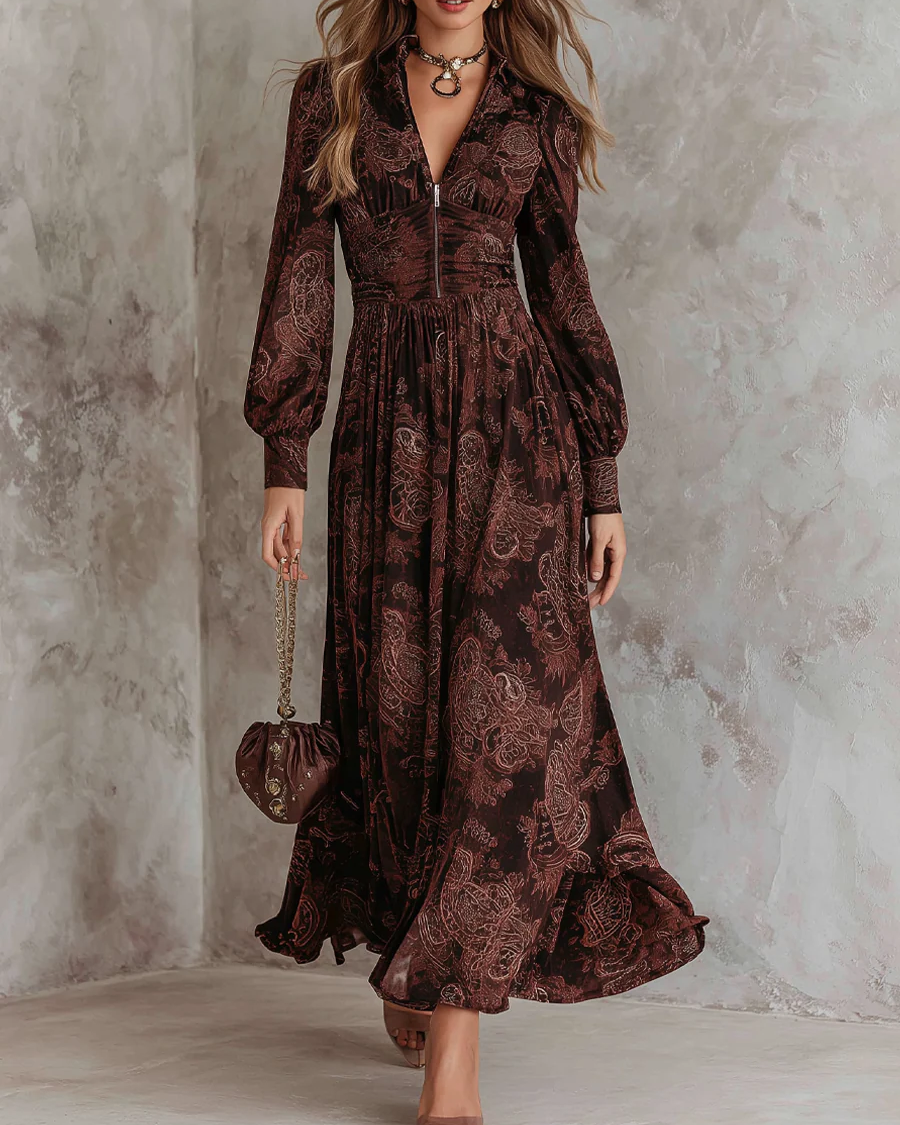 Amelia Paisley Zip-Front Maxi Dress Pu Red | Cow Clothing