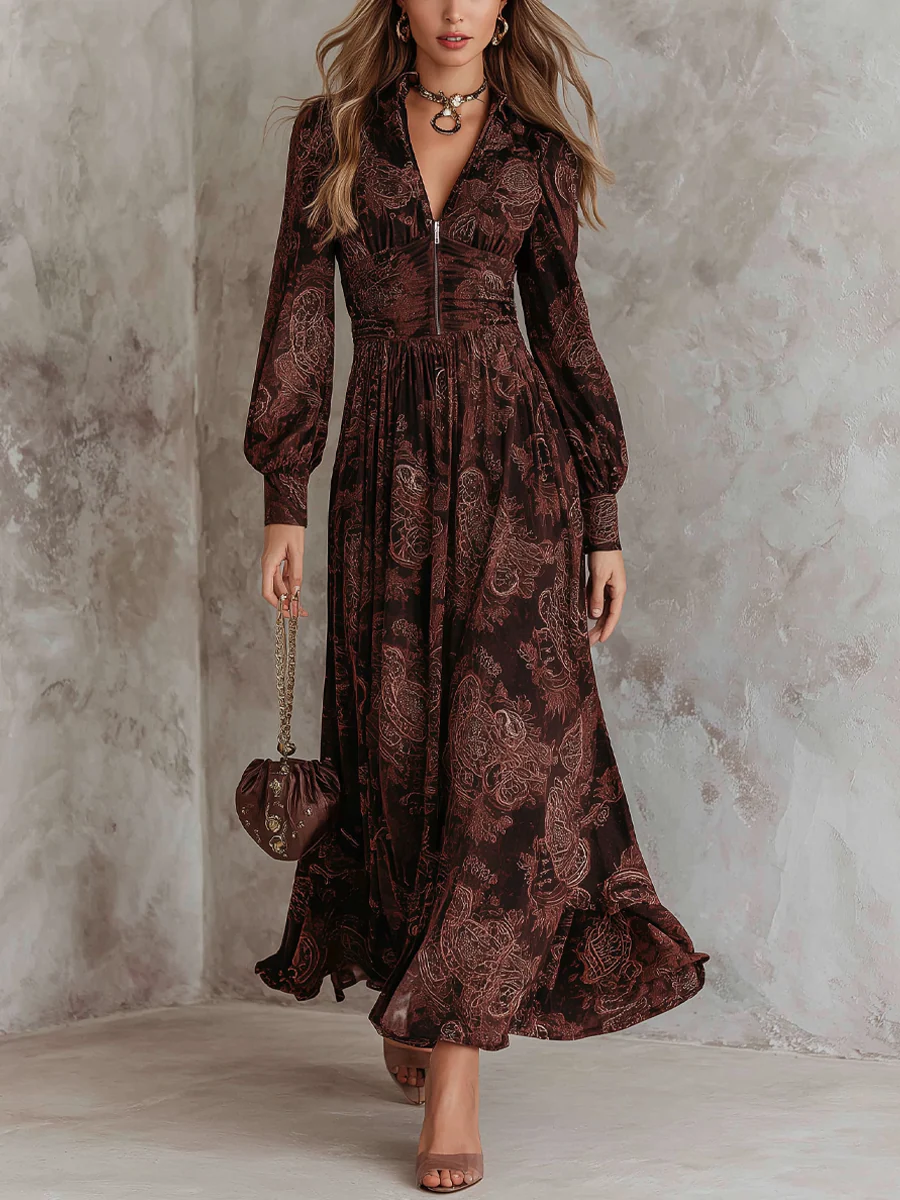 Amelia Paisley Zip-Front Maxi Dress Pu Red | Cow Clothing