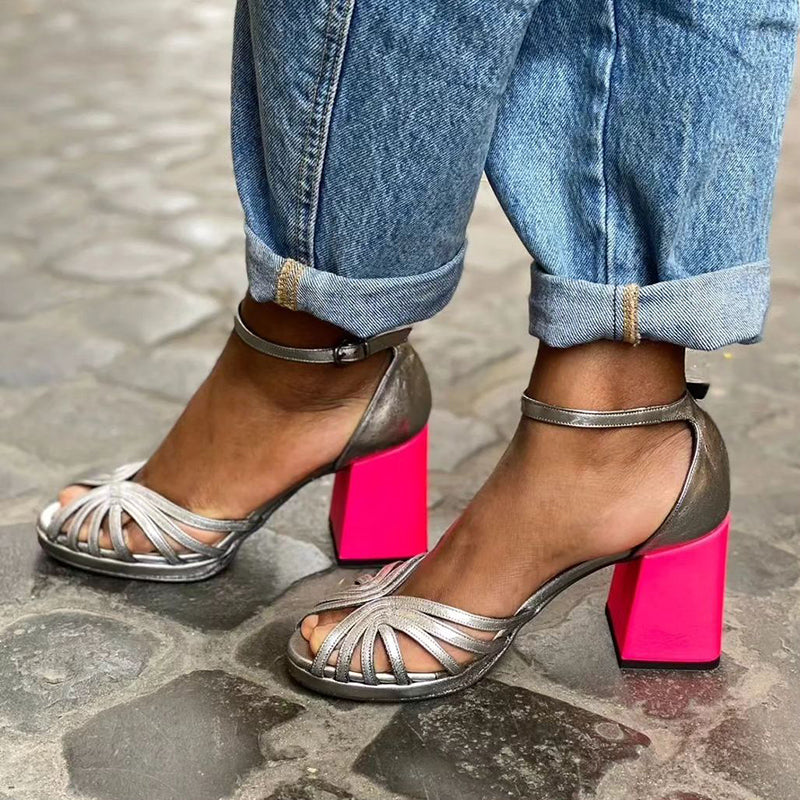 Women's Sparkling Colorful Sandals with Buckle and Chunky Heel