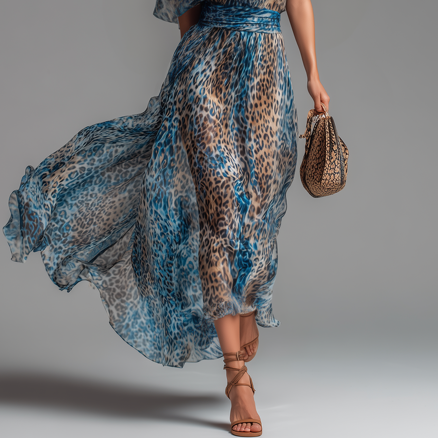 Selena™ | Leopard Print Chiffon Off-Shoulder Maxi Dress
