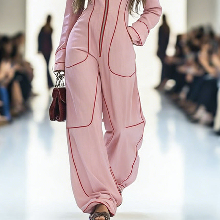 Women’s Long Sleeve Wide Leg Jumpsuit – Zip Front – Stand Collar