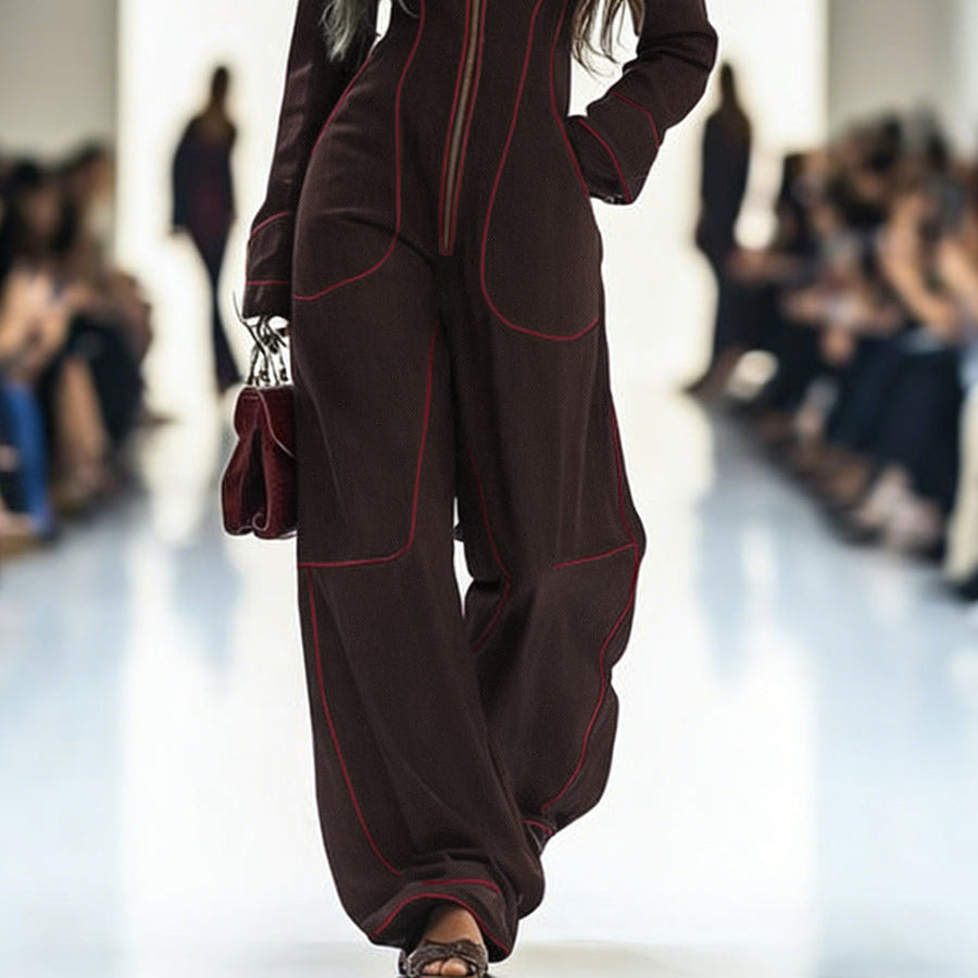 Women’s Long Sleeve Wide Leg Jumpsuit – Zip Front – Stand Collar