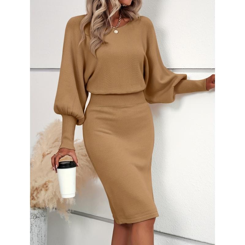Women's Chic Waist-Defining Sweater Dress with Dramatic Lantern
