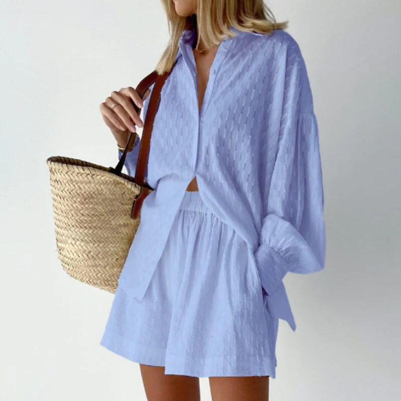 Women's Summer Two-Piece Set: Button-Down Top & Casual Shorts