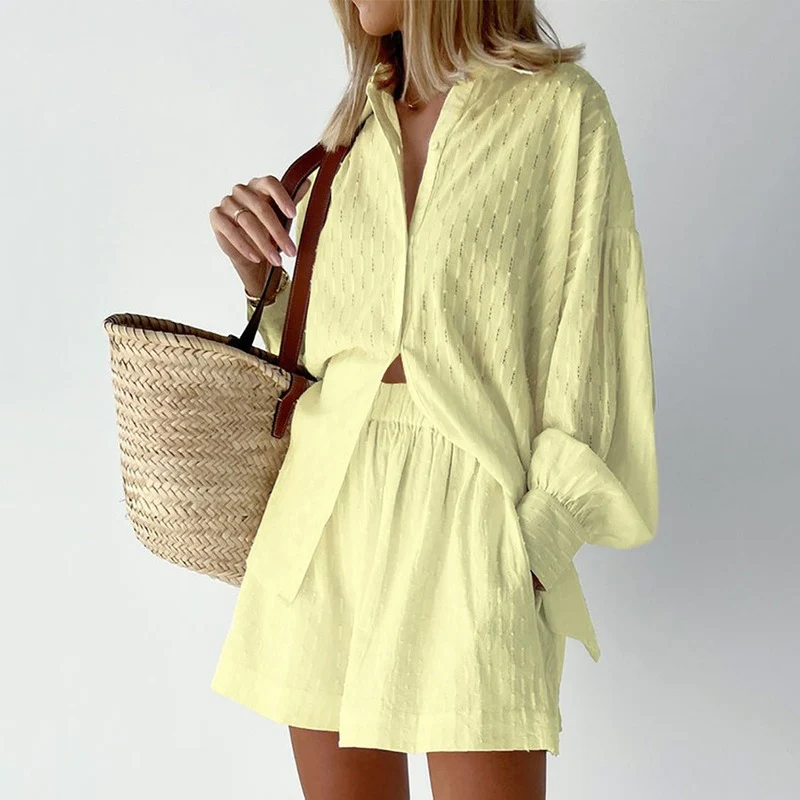 Women's Summer Two-Piece Set: Button-Down Top & Casual Shorts