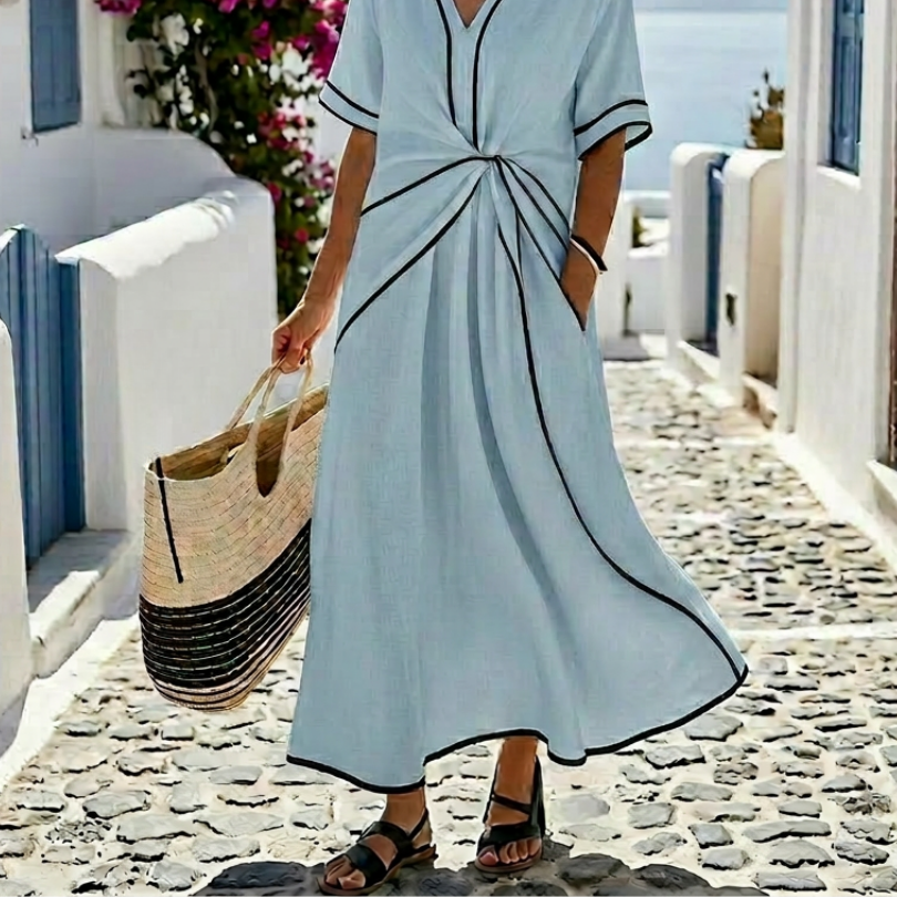 Linnea | V Neck Short Sleeve Gathered Waist Midi Dress