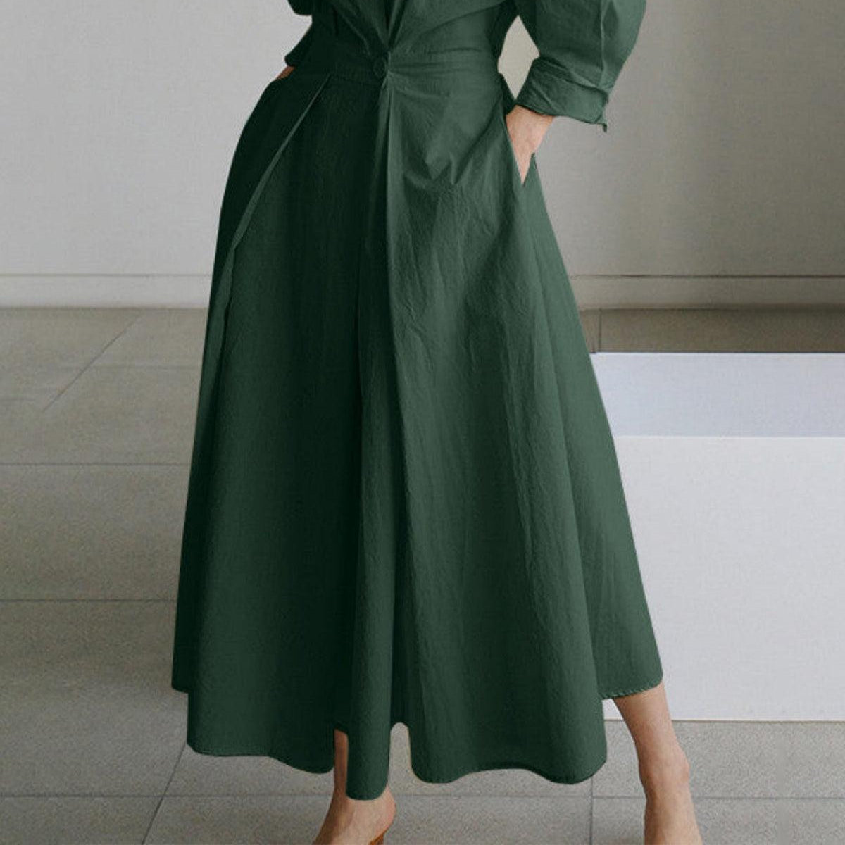 Elegant Solid Midi Dress with Notched Collar and Pockets Buttons