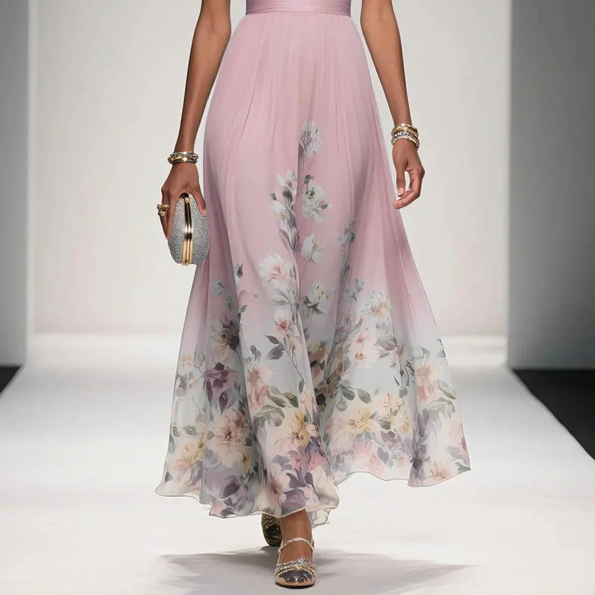 Elegant Light Blue Floral Chiffon V-Neck Sleeveless A-Line Long Dress