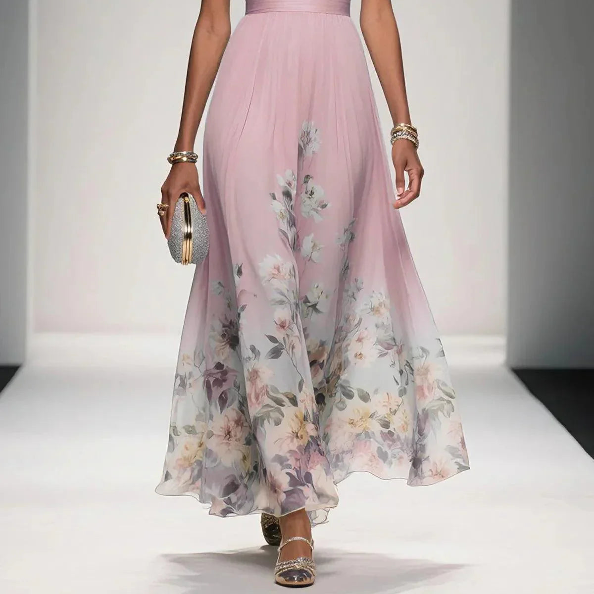 Women's Elegant Light Blue Floral Chiffon V-Neck Sleeveless A-Line