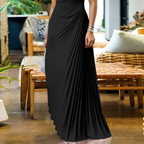 Asymmetric Pleated Mock-Neck Maxi Dress