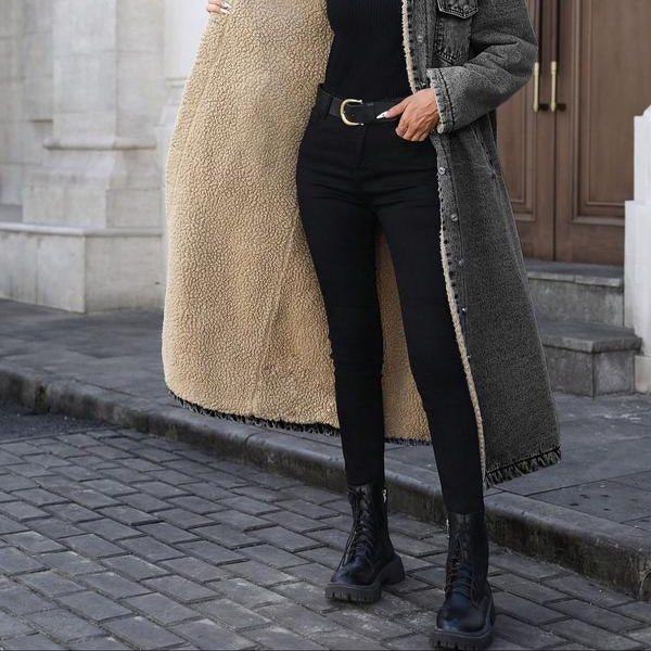 Long Fleece-Lined Winter Coat - Single-Breasted Design