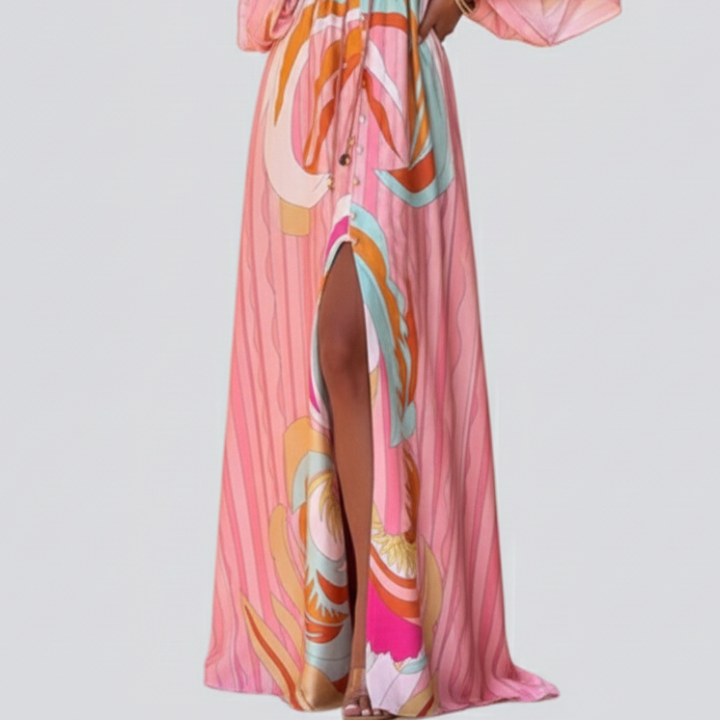 Madeline Women's Printed V-Neck Belted Maxi Dress - Elegant, Flowy,