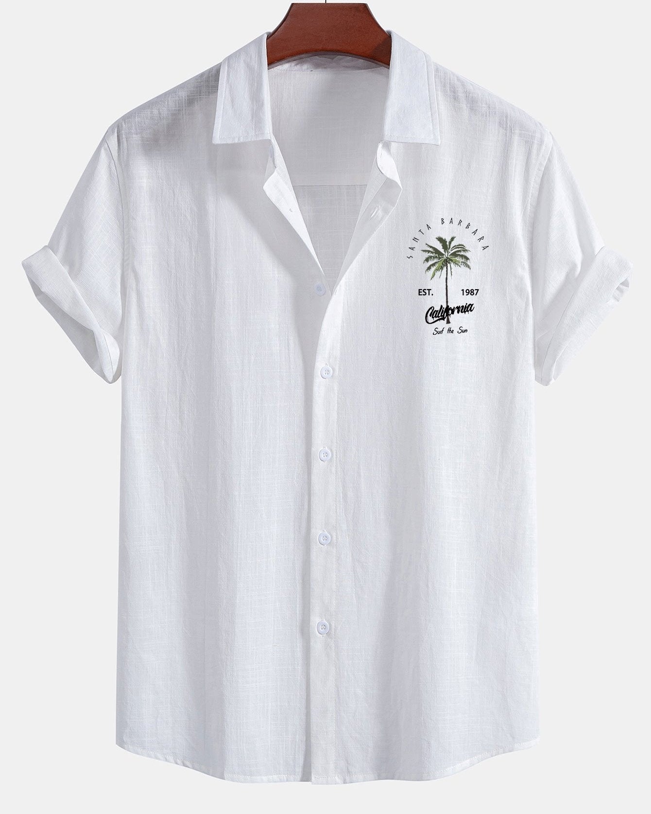 California Palm Tree Print Linen-Look Cotton Button-Up Shirt & Swim Shorts Set