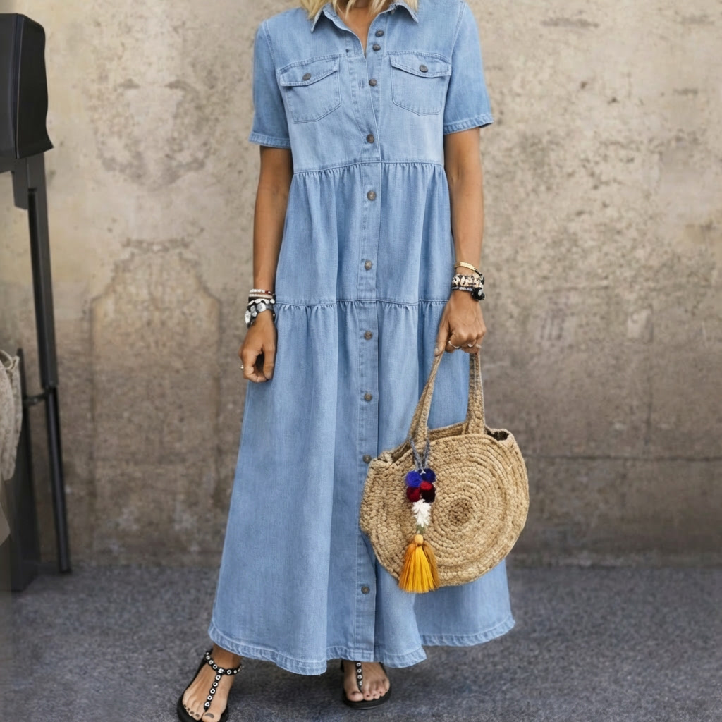 Women's Button-Front Denim Maxi Shirt Dress