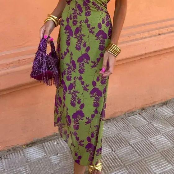 Women's Elegant Long Printed Slim Fit Dress with V-Neck and Short