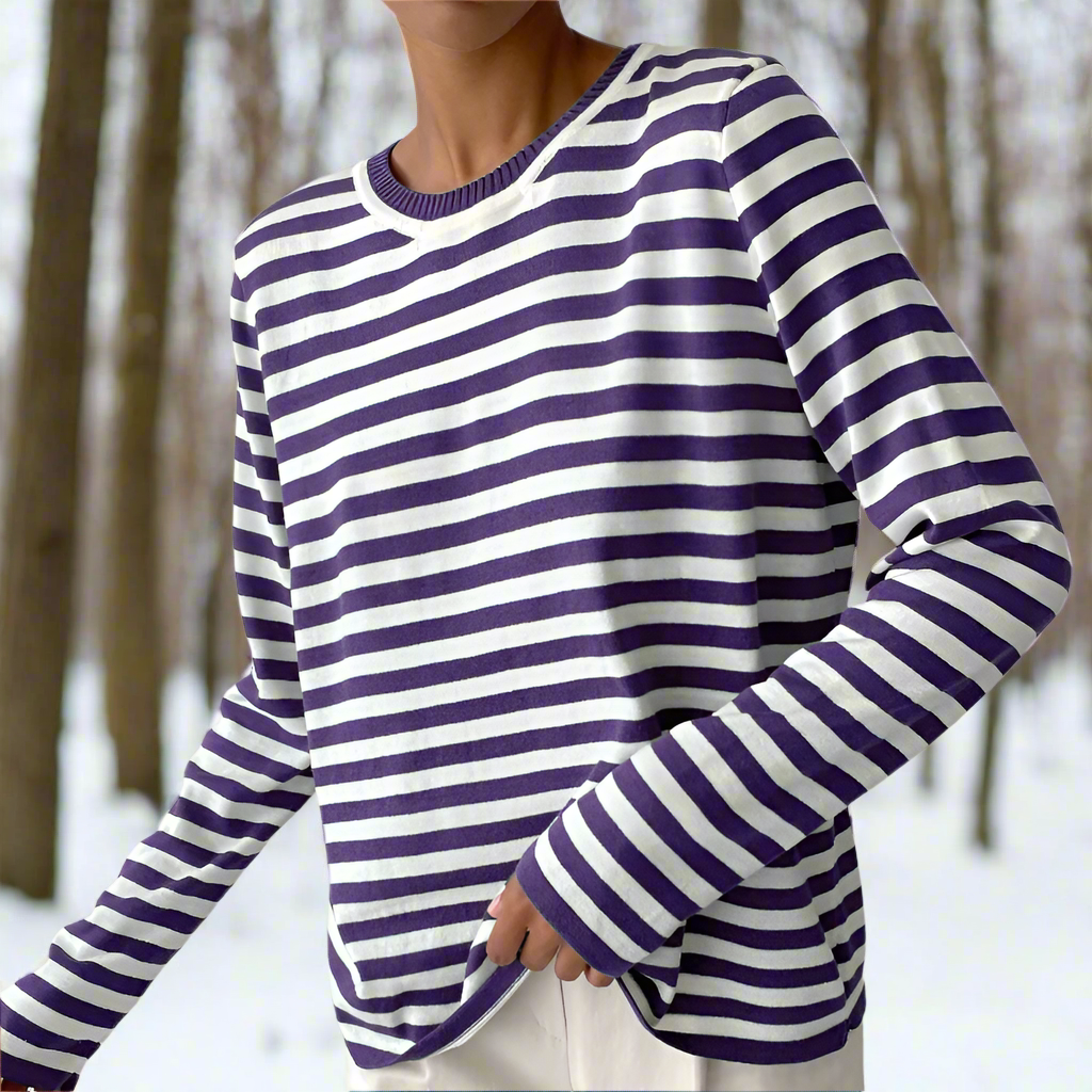 Women’s Striped Long Sleeve T-Shirt – Round Neck Casual Top