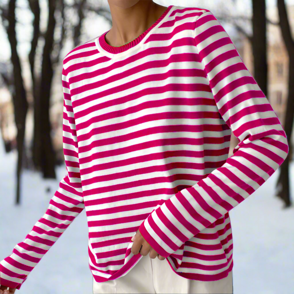 Women’s Striped Long Sleeve T-Shirt – Round Neck Casual Top