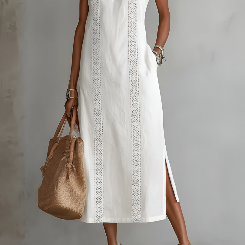 Jimena | Linen Midi Dress with Mao Collar