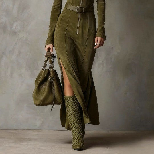 Women's Green Vintage Maxi Dress with Zipper Closure Belt (Belt