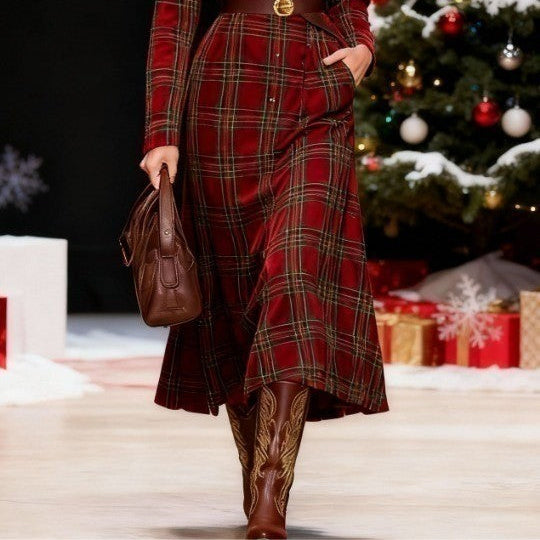 Women's Red Christmas plaid shirt dress with button and belt included