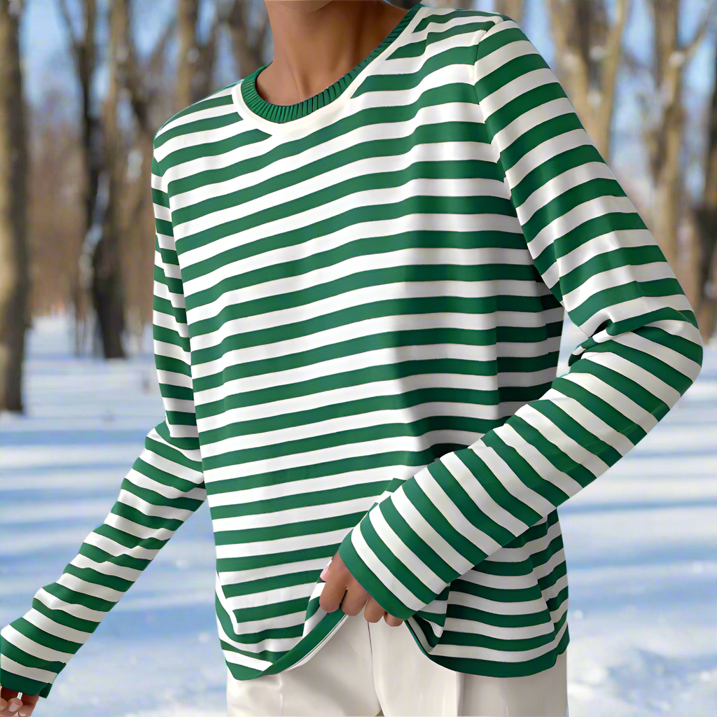 Women’s Striped Long Sleeve T-Shirt – Round Neck Casual Top