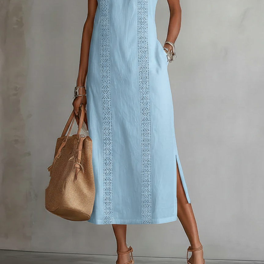 Jimena | Linen Midi Dress with Mao Collar