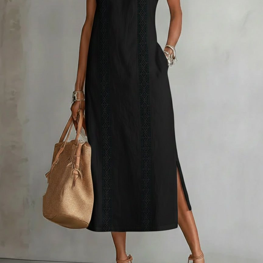 Jimena™ | Embroidered Mandarin Collar Midi Dress