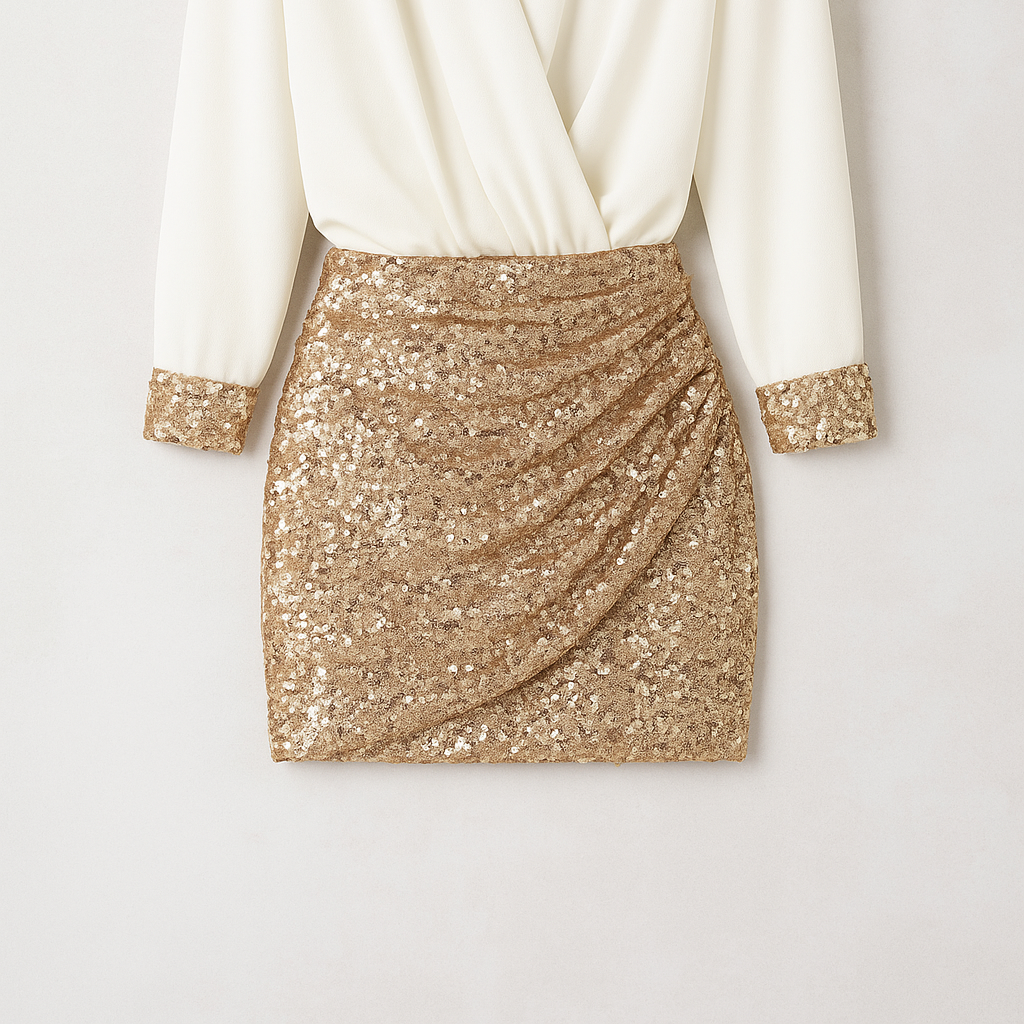 Hollis | Sæt med wrap-bluse og pailletteret miniskørt - Hvid-Guld - Hollis | Sæt med wrap-bluse og pailletteret miniskørt- €25 - {{ product_tags }