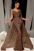 Women's Long evening gown in dark brown sequin lace