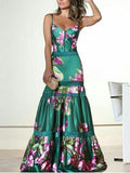 Women's Maxi Satin Long Dress with Printed Panel and Back Straps